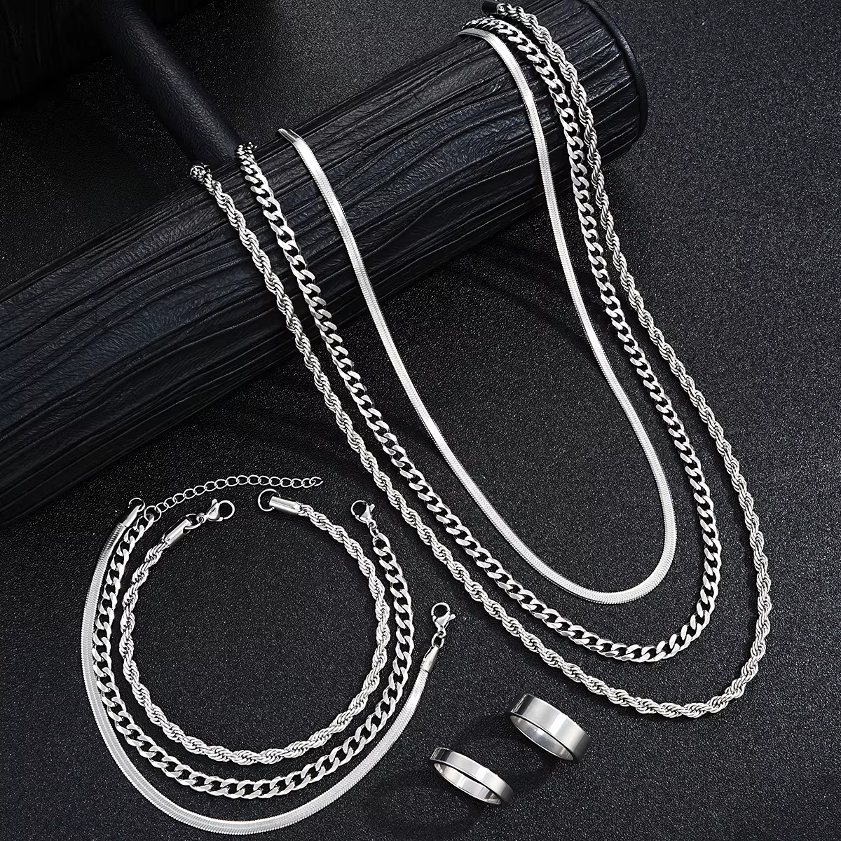 Ensemble de bijoux simples en acier inoxydable pour hommes, couleur argent, unisexe, Punk, Vintage, 