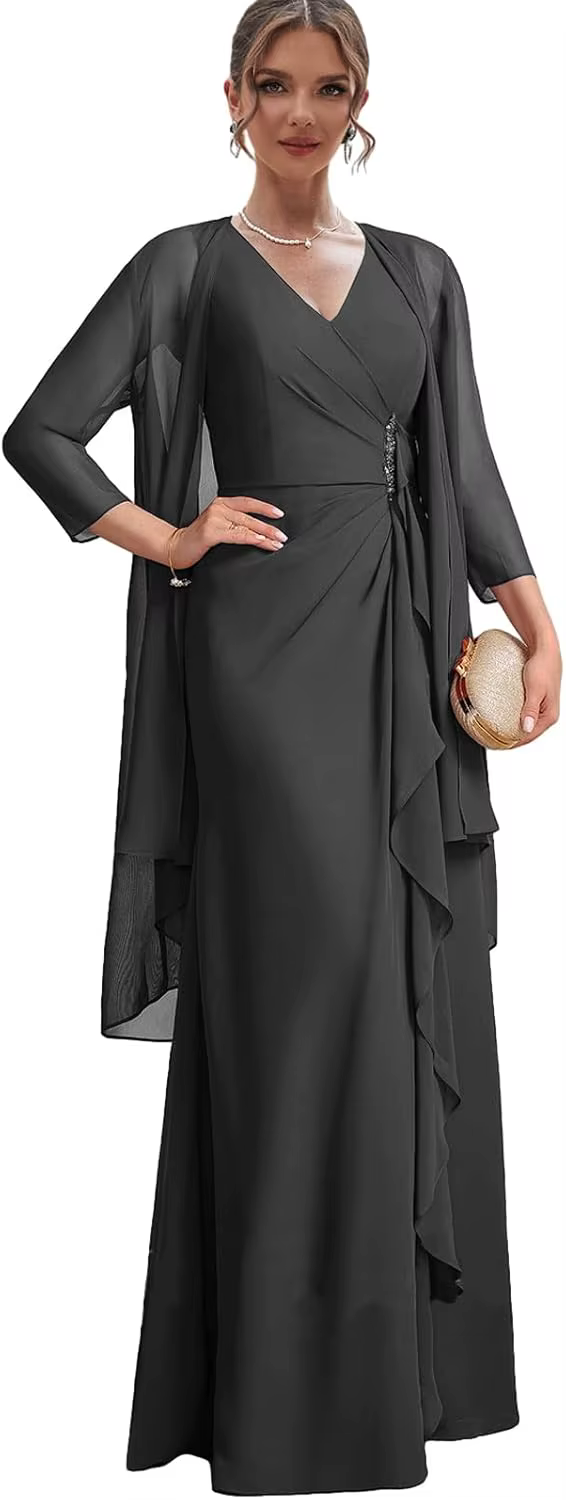 Robes mère de la mariée 2 pièces pour femmes, robe formelle en mousseline de soie perlée avec veste,