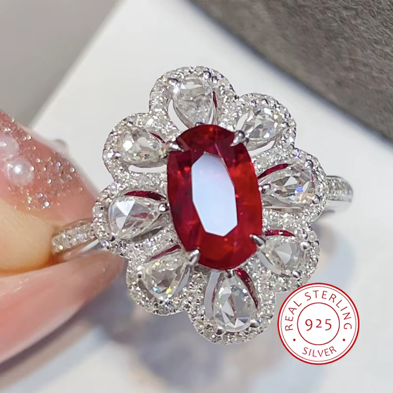 Bague de luxe en argent Sterling 925, pierres précieuses ovales rouges, gouttes blanches pleines de 