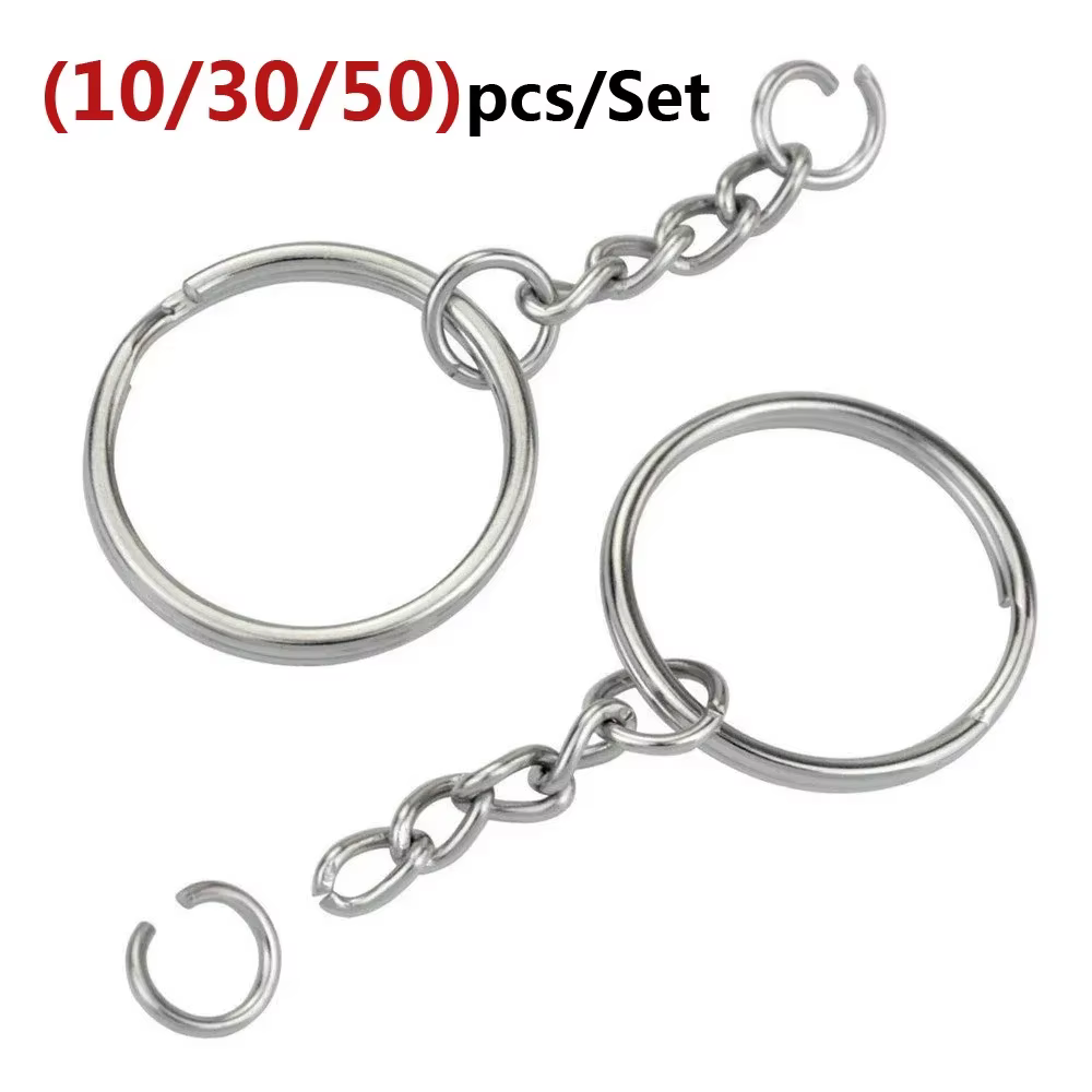 Porte-clés en métal ouvert avec chaîne et anneaux de saut, pièces métalliques de couleur argent avec