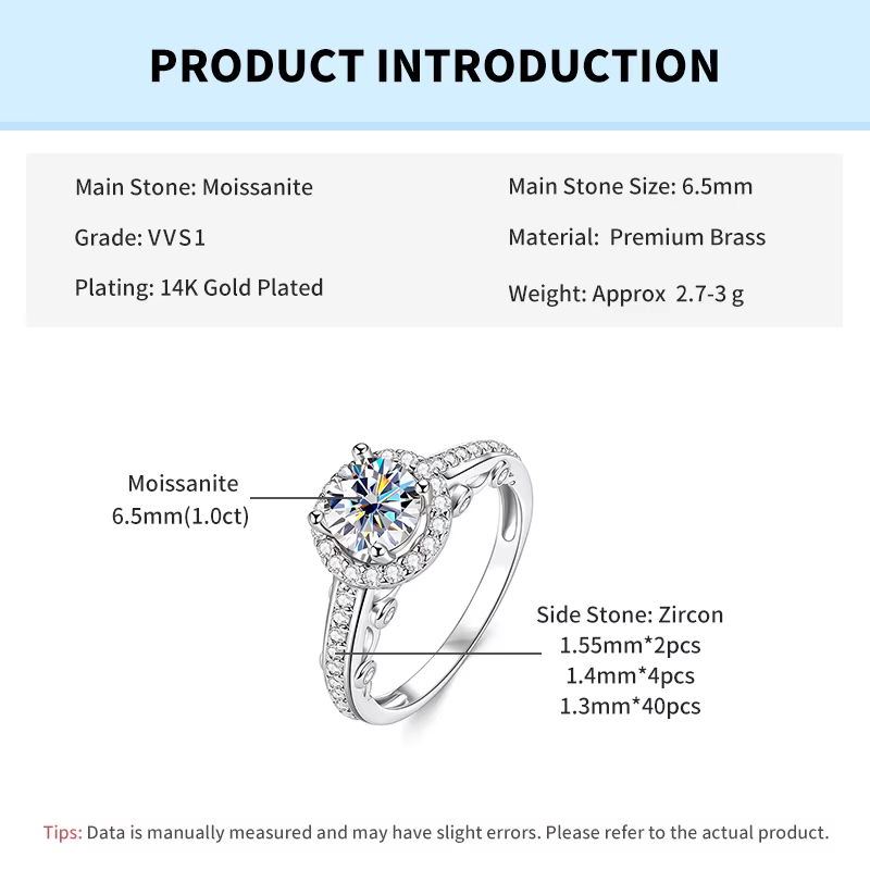 Bague de fiançailles Rrjzz en moissanite taille ronde 6,5 mm 1 carat pour femme, bague de promesse, 