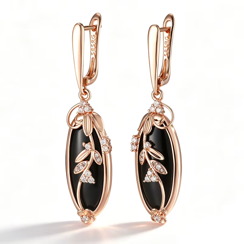 Kinel – boucles d'oreilles longues en Zircon naturel noir scintillant pour femmes, couleur or Rose 5