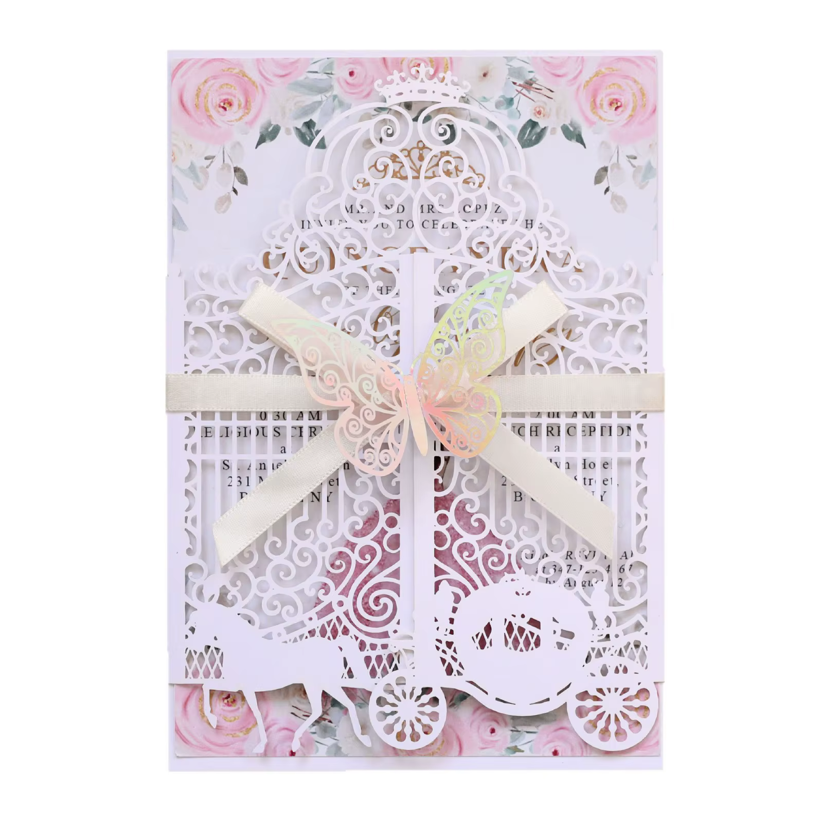 Carte d'invitation de mariage découpée au laser, avec couronne, nœud perlé, papillon irisé, pour mar
