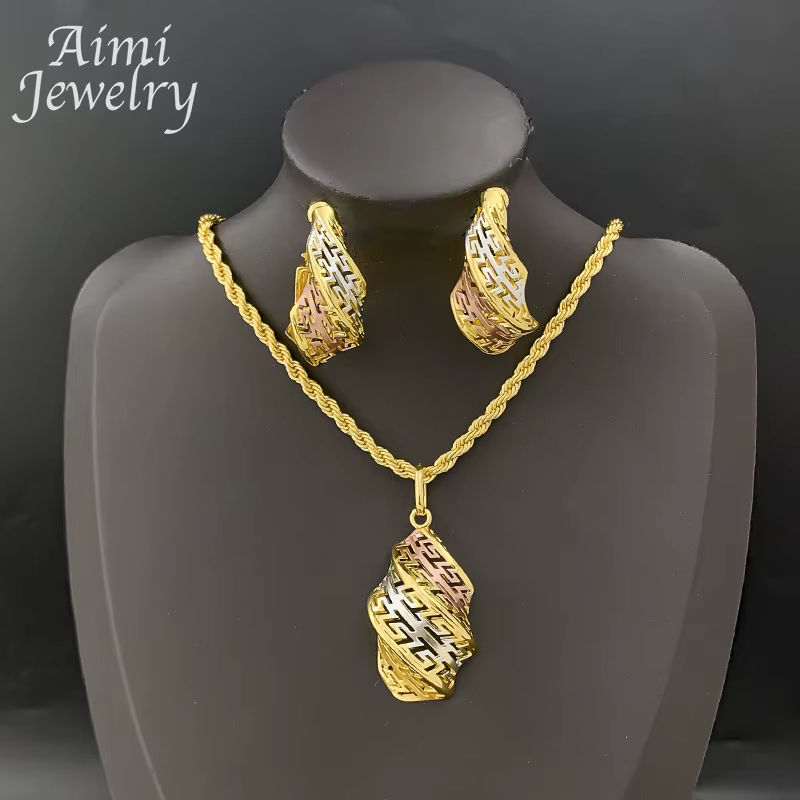 Ensemble de bijoux plaqués or de dubaï pour femmes, boucles d'oreilles pendentif au Design creux spé