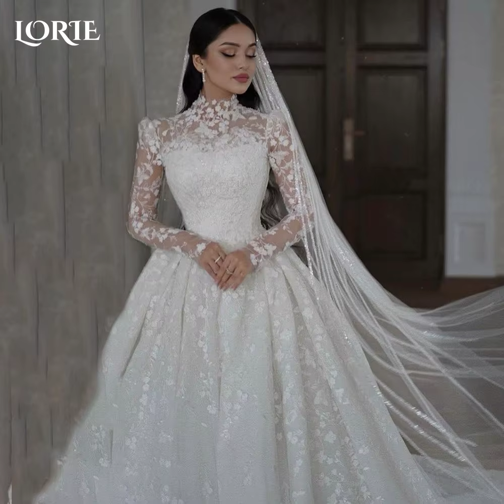 LORIE-Robe de Mariée en Dentelle Vintage, Ligne A, Col Haut, Fleurs, Patients, Élégante, Princesse, 