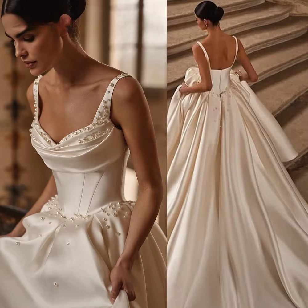Perles élégantes a-ligne robes de mariée bretelles Spaghetti Satin robes de mariée Sexy dos nu robe 