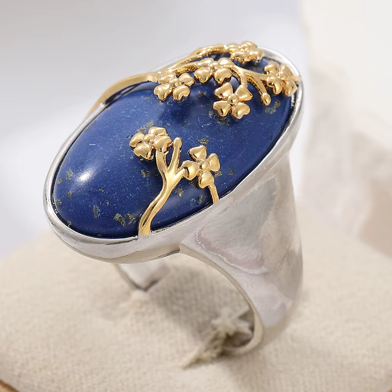 Bague Vintage Exquise en Lapis Lazuli Synthétique Sculptée à la Main avec Motif Floral pour Femme, B
