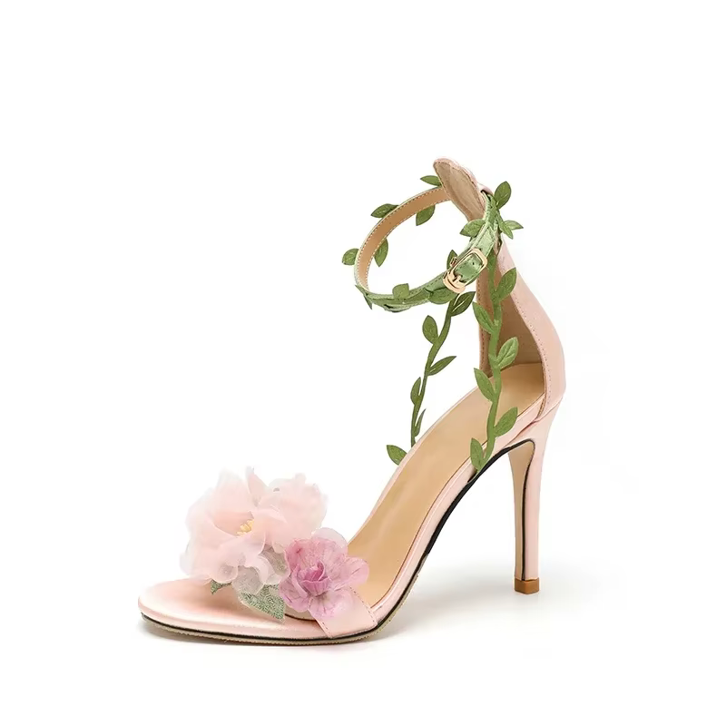 Chaussures de créateur pour femmes, nouvelles sandales à talons hauts à bout ouvert avec fleurs exqu