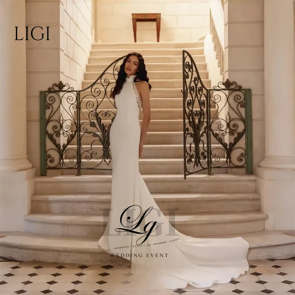 Robes de mariée sirène modernes en dentelle LIGI pour femmes, dos ouvert, sans manches, avec appliqu