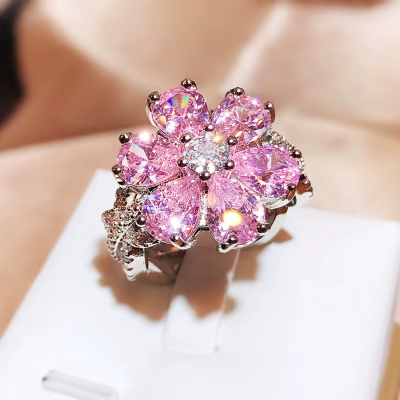 Bague en forme de cœur rose pour femme, bague fleur en diamant doux, amour éternel, bijoux fantaisie