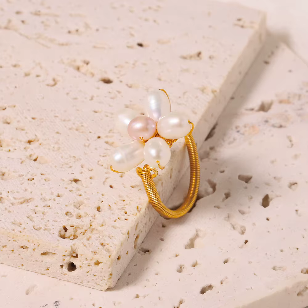 GLSEEVO-Bague en perles d'eau douce naturelles, plaqué or 18 carats, décoration en grappe de fleurs,