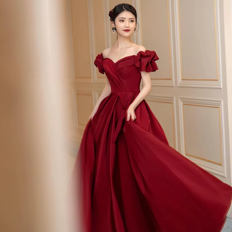 DongCMY – robe de soirée de luxe, asymétrique épaule dénudée, robe de princesse élégante, bordeaux, 