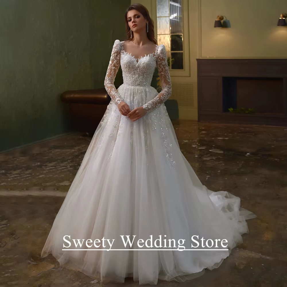 Robe de mariée scintillante pour femmes, personnalisée, manches longues transparentes, col rond, per