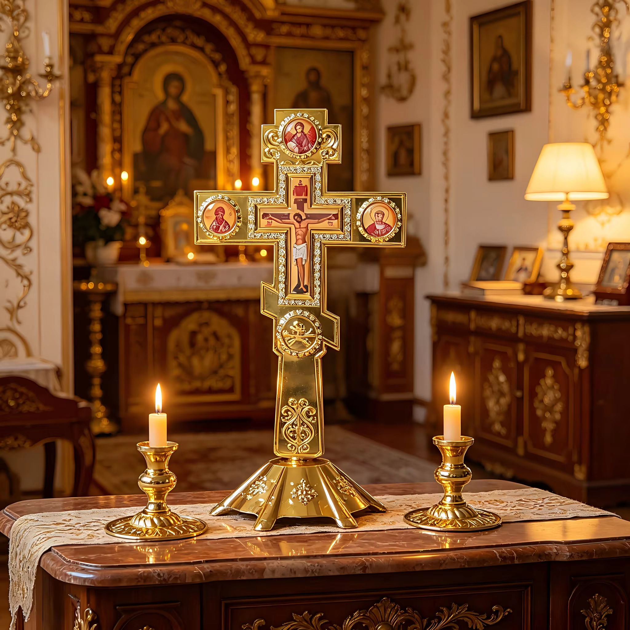 Nouvelle croix orthodoxe artisanale plaquée or avec icônes saintes et base pour la liturgie de l'égl
