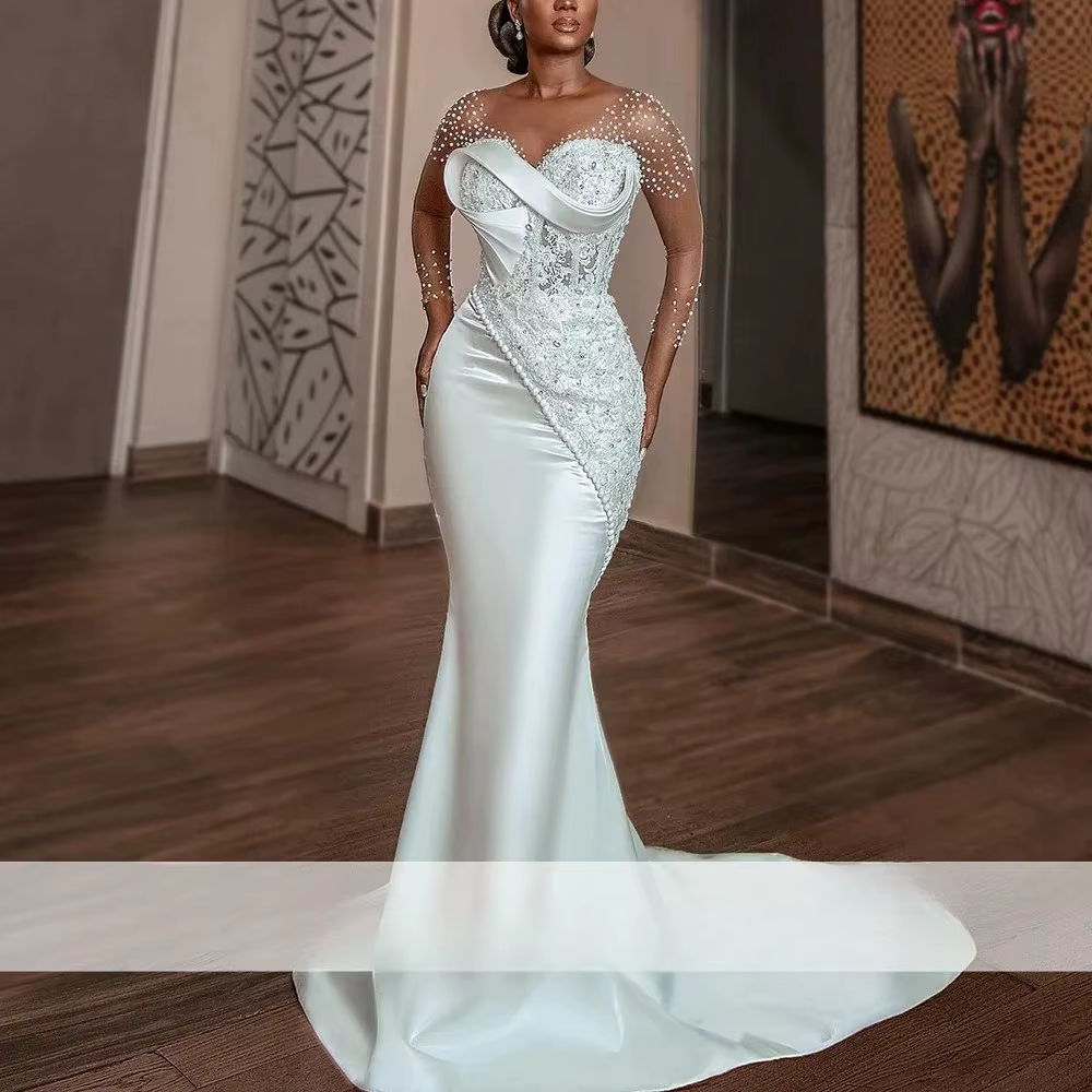 Robes de mariée sirène en Satin pour mariée, col transparent, manches longues, Appliques de perles, 