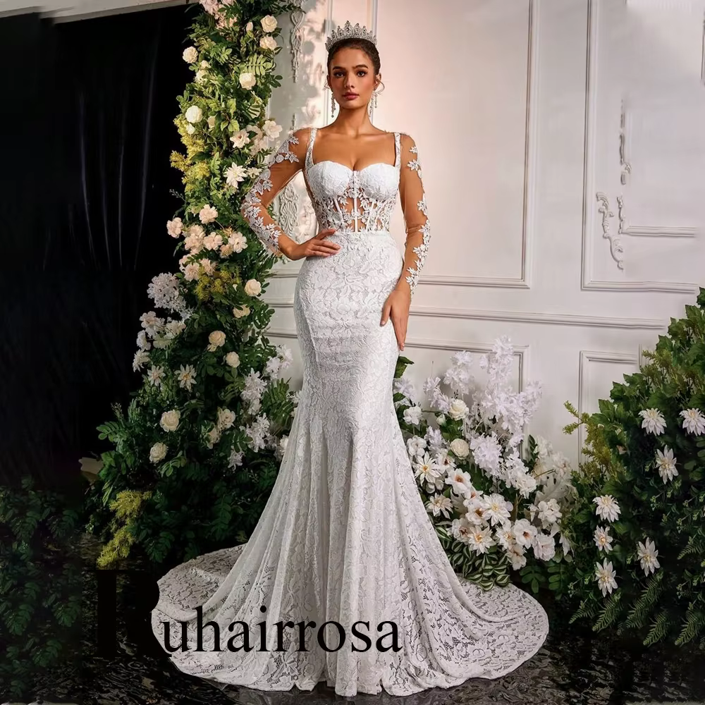 Robes de mariée Ruhair à col rond, avec corset, appliques en dentelle, style sirène, boutons en sati