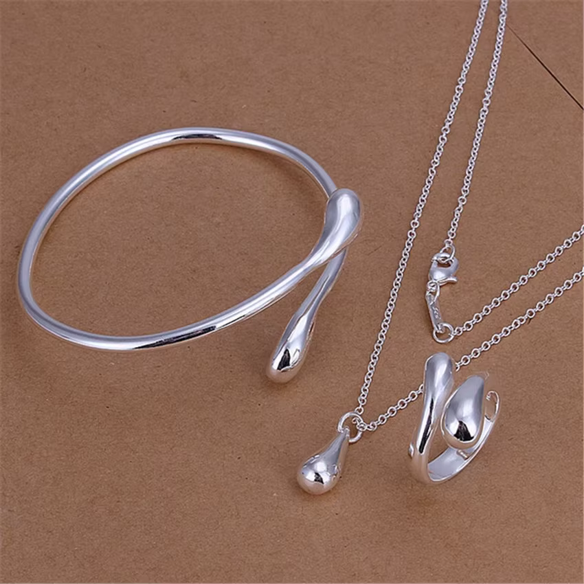Ensemble de bijoux en argent sterling 925 pour femmes, collier, bracelet, bagues, bracelet rigide, e