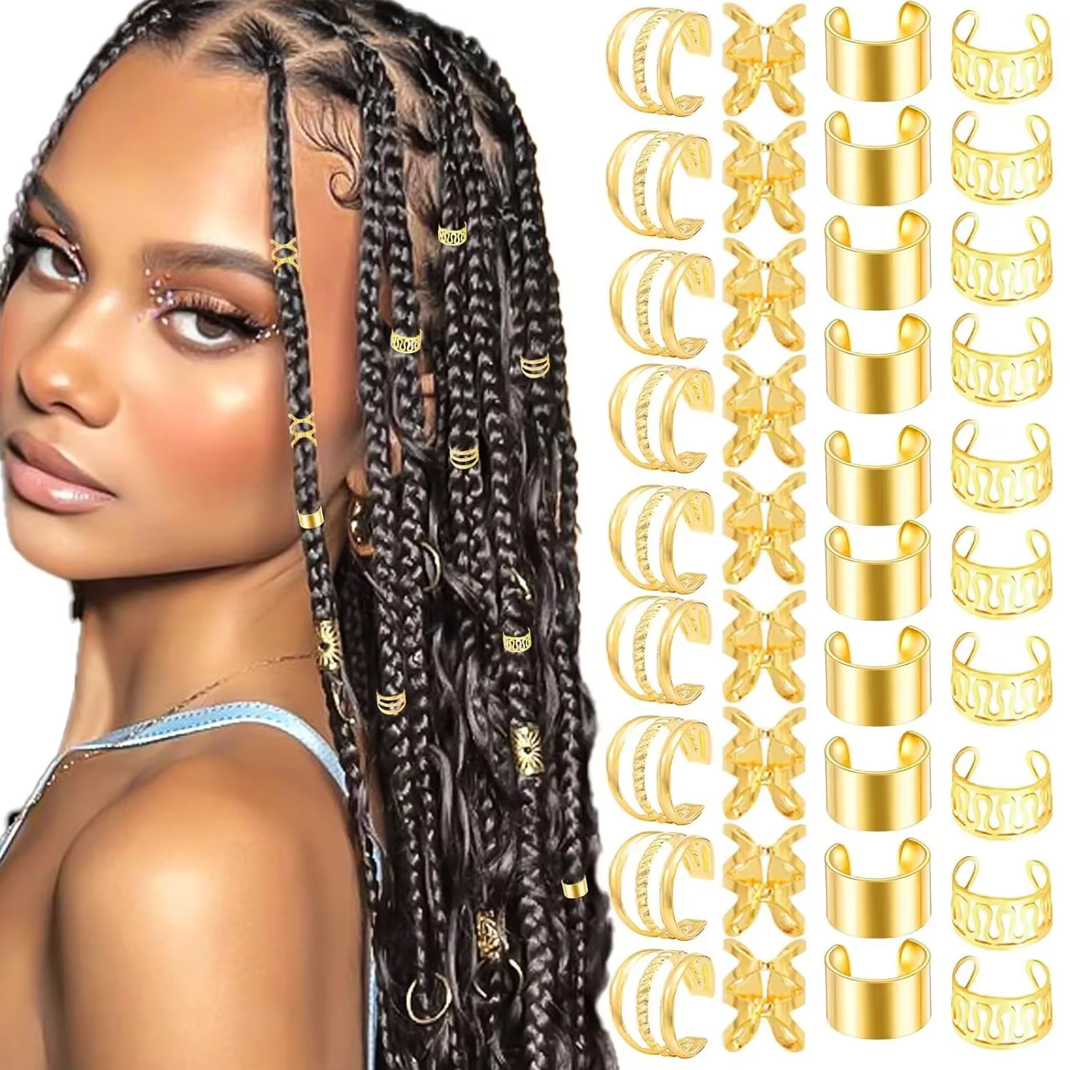 Bijoux de cheveux pour tresses, 40 pièces, manchettes de cheveux en or, anneaux multi-styles, perles