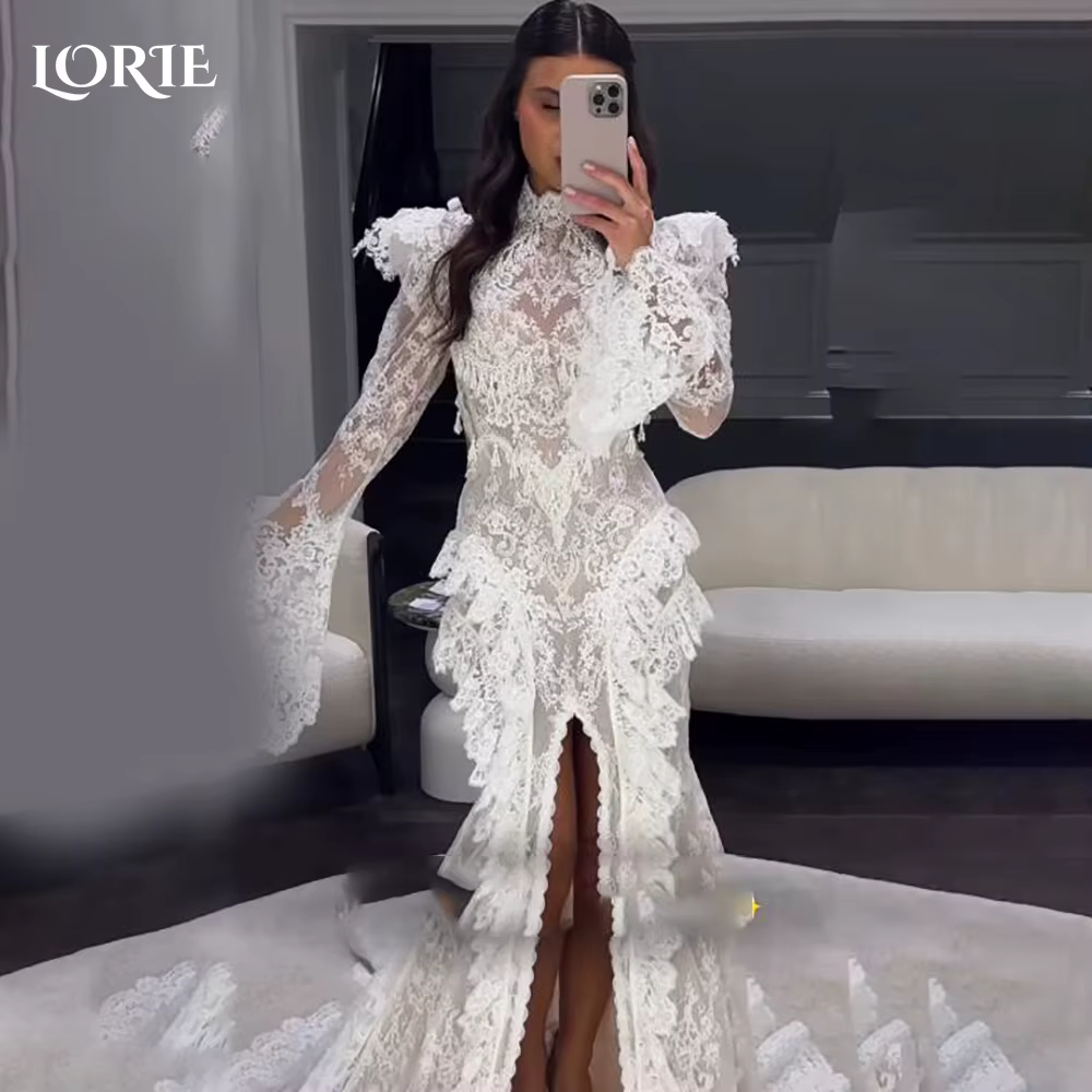 LORIE Vintage dentelle sirène robe de mariée Sexy col haut à manches longues robe de mariée dos nu p