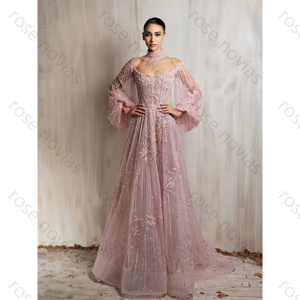 Robe de soirée formelle pour femme, col licou, manches longues bouffantes transparentes, ornée de pe
