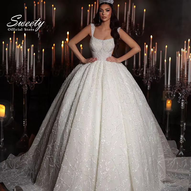 Robe De mariée à paillettes en Organza avec perles brodées, robe De bal, col carré, sans manches, à 