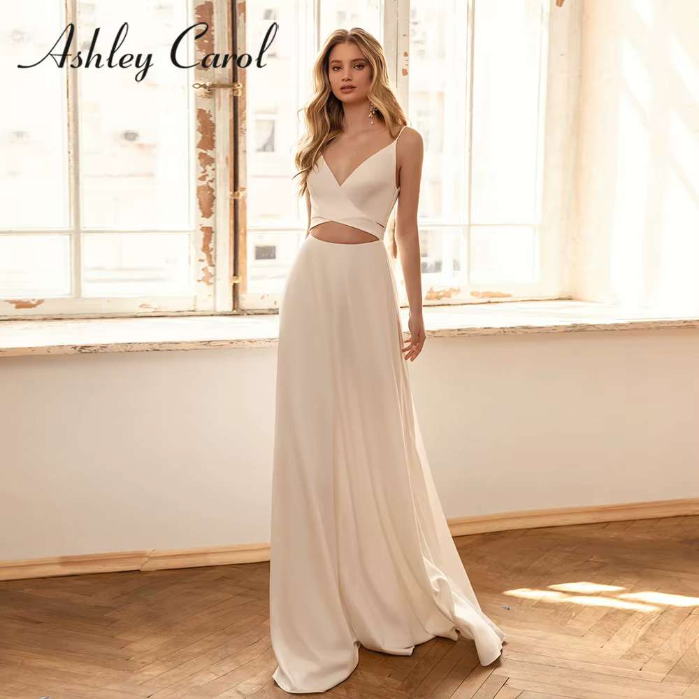 Ashley Carol A-LINE robe De mariée moderne col en v haut court croisé bretelles Spaghetti robe De ma
