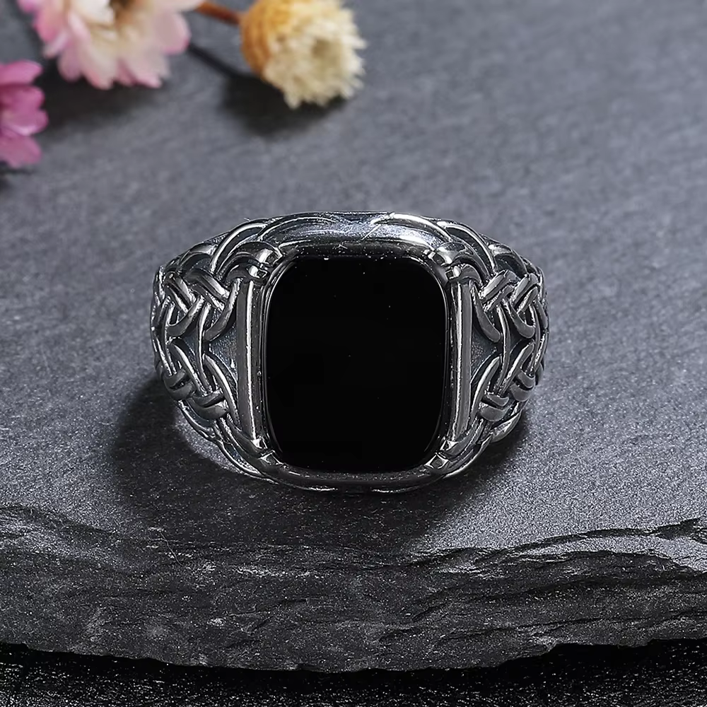 Bague en argent naturel 10x12mm, grande pierre d'agate noire, bague Vintage pour femmes, cadeaux de 