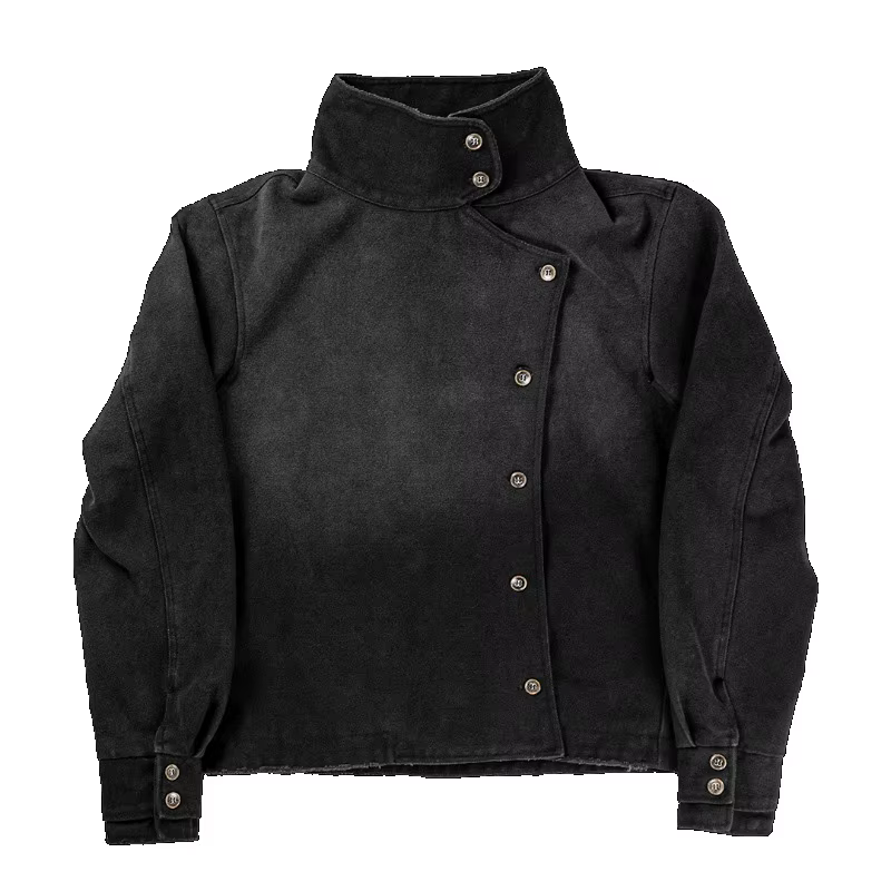 Veste courte à col asymétrique noir pour hommes et femmes, manteau en Denim rétro Y2K, décontracté,