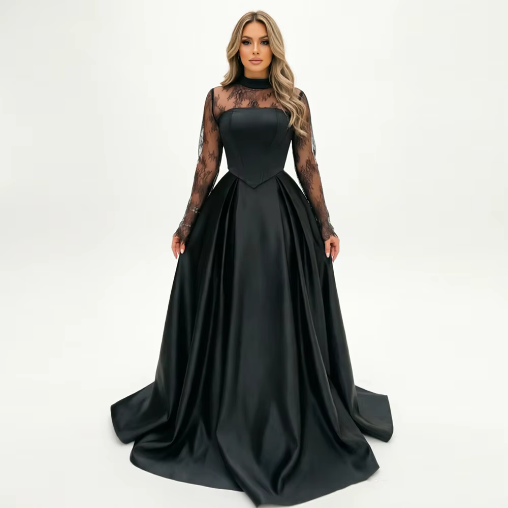Robe de mariée noire arabe Eightale, personnalisée, col haut, manches longues, style A-Line, en sati