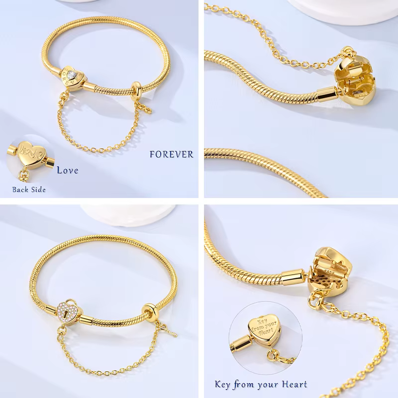 Bracelet cœur d'amour en or 17-20 cm, charme en argent sterling 925, bracelet de famille éternel, br