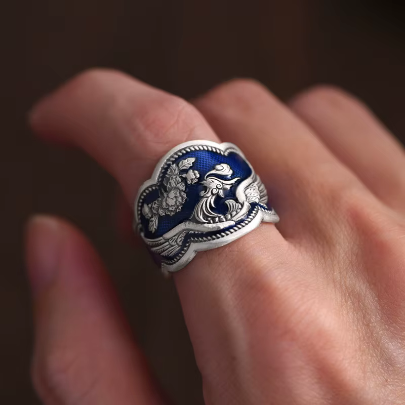Bague réglable élégante de style chinois avec pivoine bleue et phénix pour femmes et hommes, bijoux 