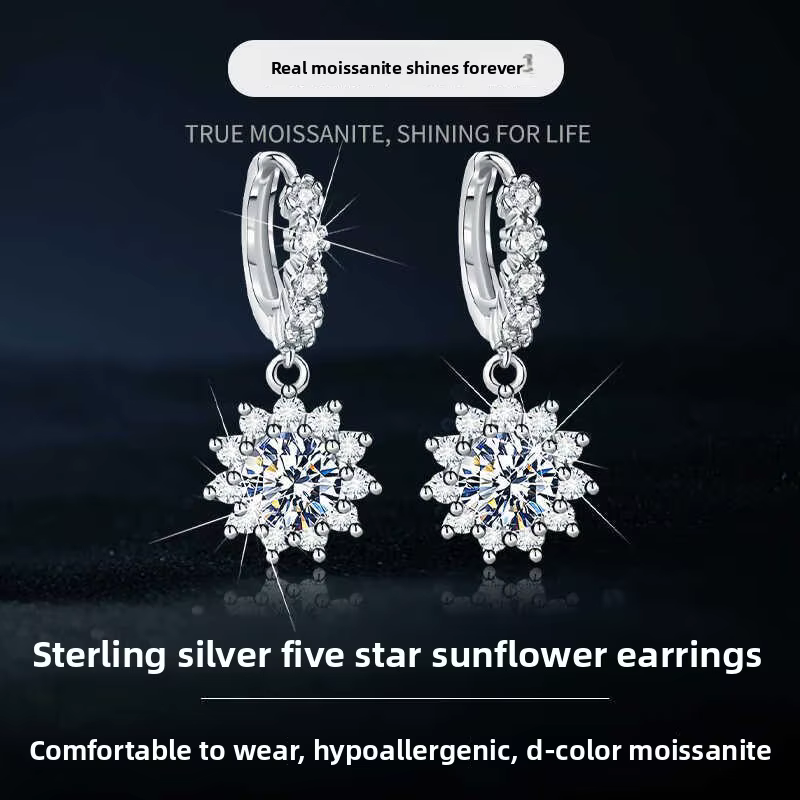 Ensemble collier et boucles d'oreilles tournesol en argent S925, avec Moissanite 2x1ct, bijoux flora