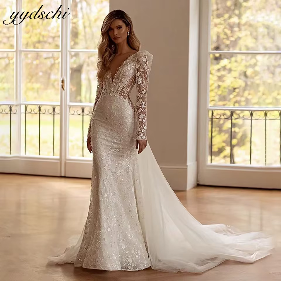 Robe de mariée sirène de luxe 2-en-1 détachable 2026, brodée, dos nu, col rond, manches longues, pou