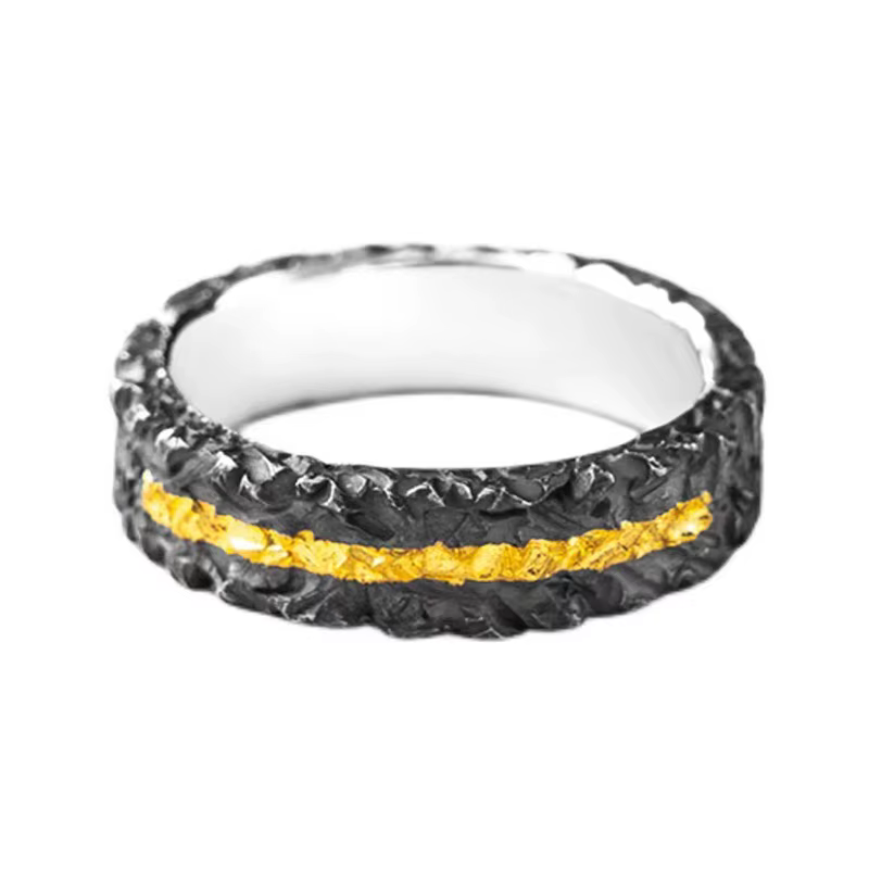 Bague rétro à texture craquelée, couleur or noir, incrustée, réglable pour homme, design créatif de 