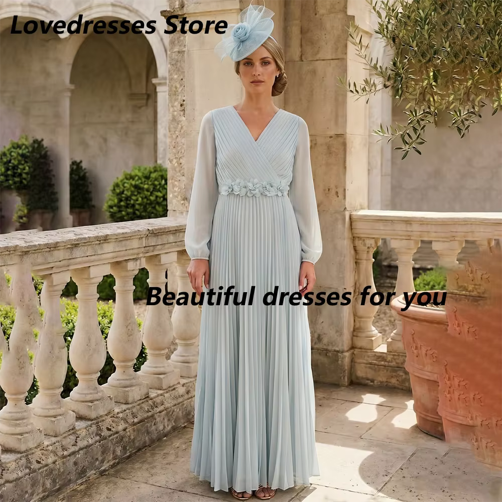Robes bleu clair pour mère de la mariée, col en v, manches longues, plissées, fleurs, ligne A, robes