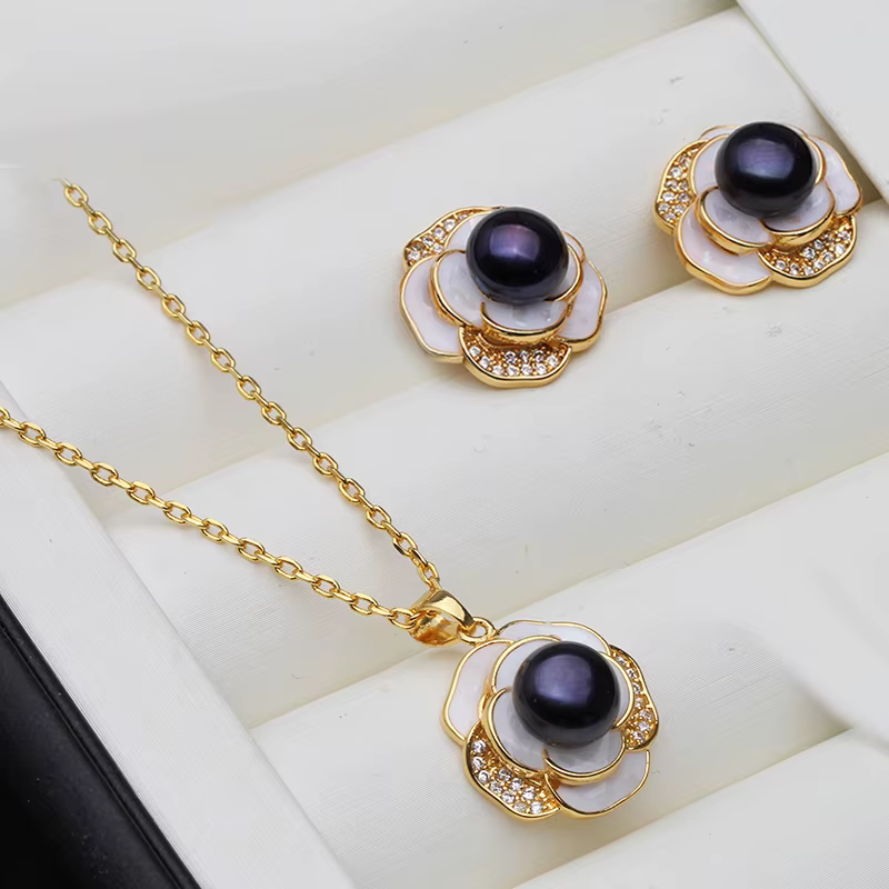 Ensemble collier et boucles d'oreilles en perles d'eau douce naturelles cultivées pour mariage, véri