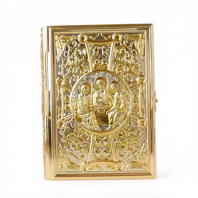 Couverture de livre de chants orthodoxes plaquée or de luxe avec icône émaillée de la Sainte Trinité