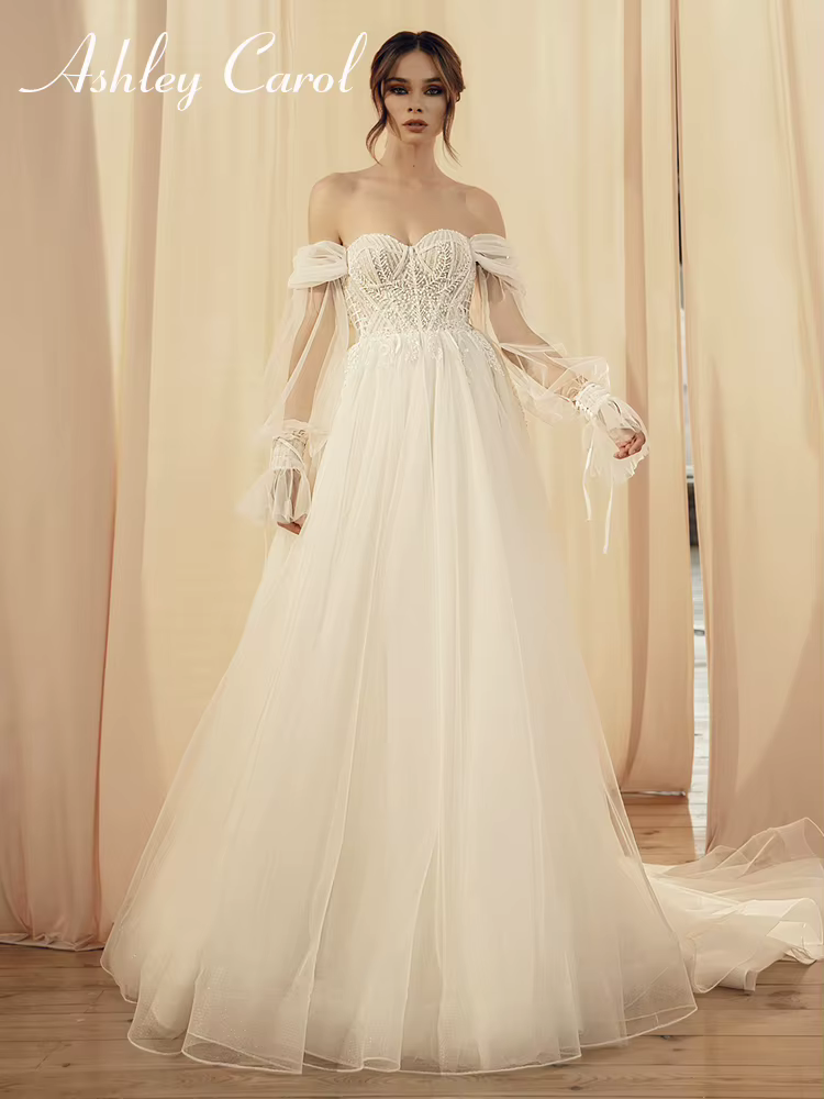 Ashley Carol-Robe de mariée A-Line, col en V, appliques de dentelle, robe de mariée princesse Flowy 