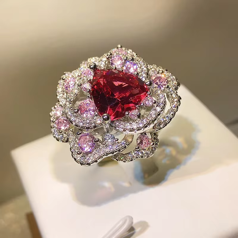 Bague de mariage luxueuse en argent 925, fleur en pierre rouge Rose, rubis exquis, zircone cubique, 