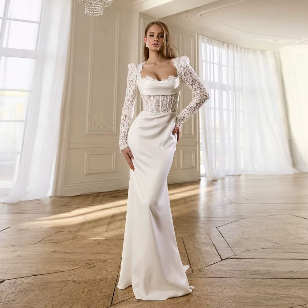 Robe de mariée sirène personnalisée unique, col cœur, manches longues, plissée, dentelle à sequins, 