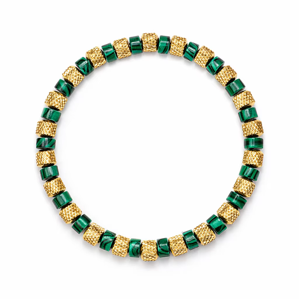 Bracelet en perles de malachite naturelle pour homme, perles en acier inoxydable 304 plaqué or 18 ca