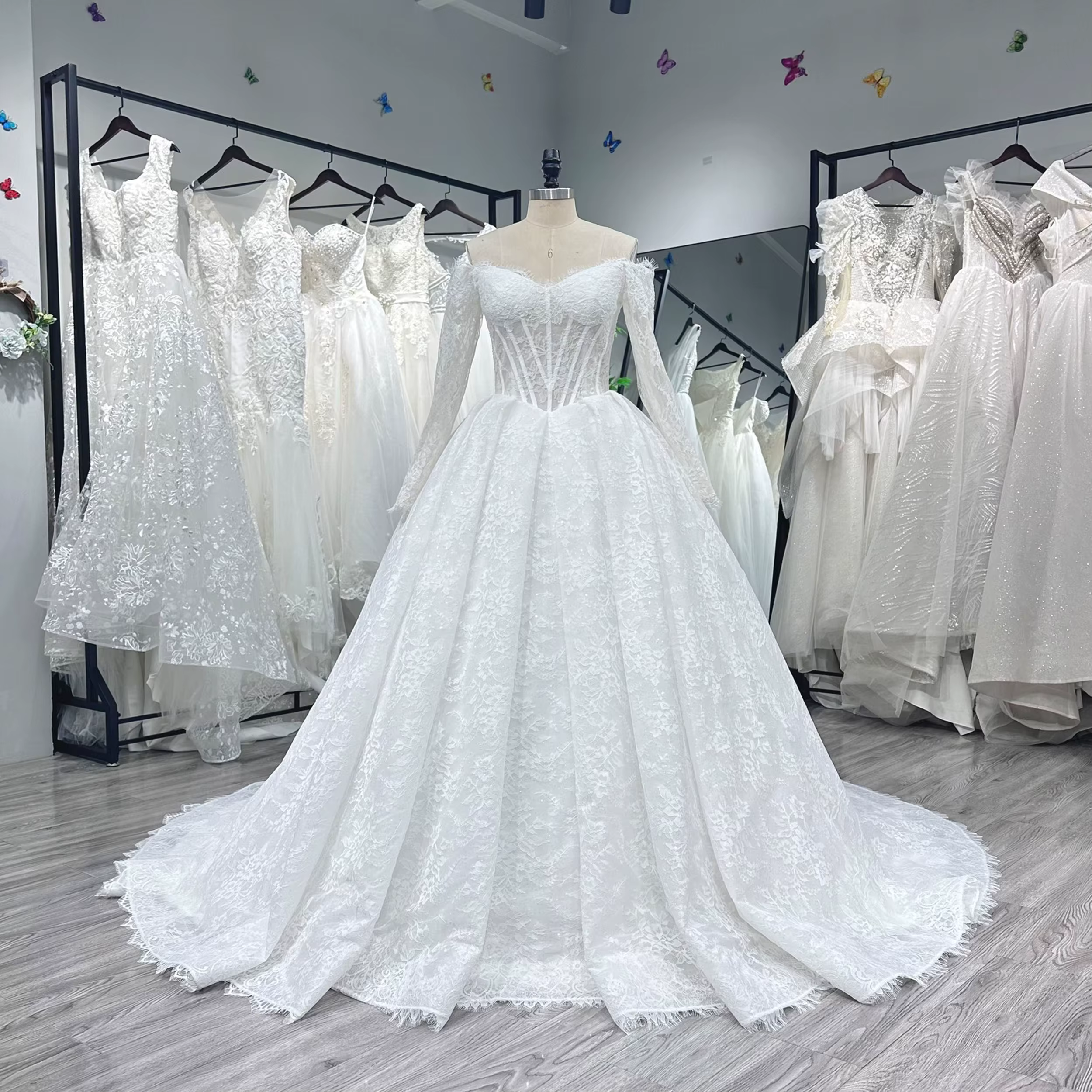 Robe de mariée Lnyer à épaules dénudées, manches longues, paillettes brillantes, dentelle, style rob