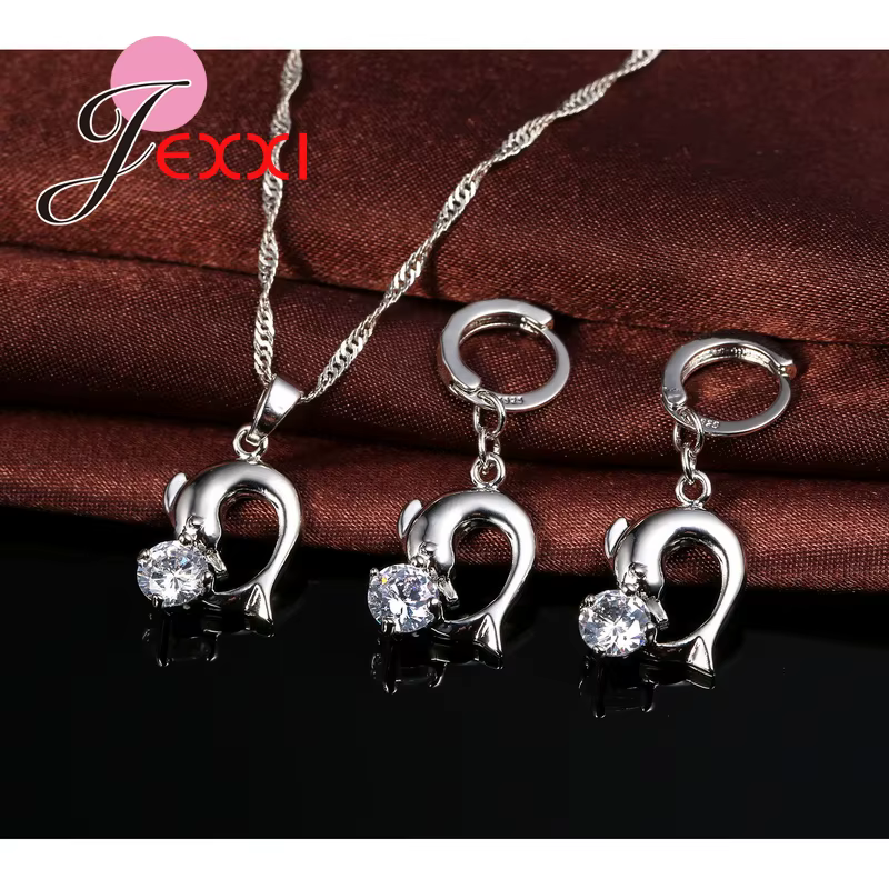 Ensemble de bijoux en argent Sterling 925, pendentif dauphin, collier, boucles d'oreilles en zircone