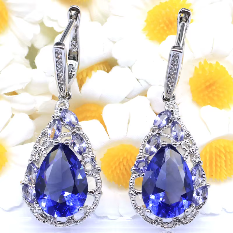 Boucles d'oreilles en argent plaqué pour femme, 44x15mm, avec pierres Iolite, Rhodolite et Grenat, N