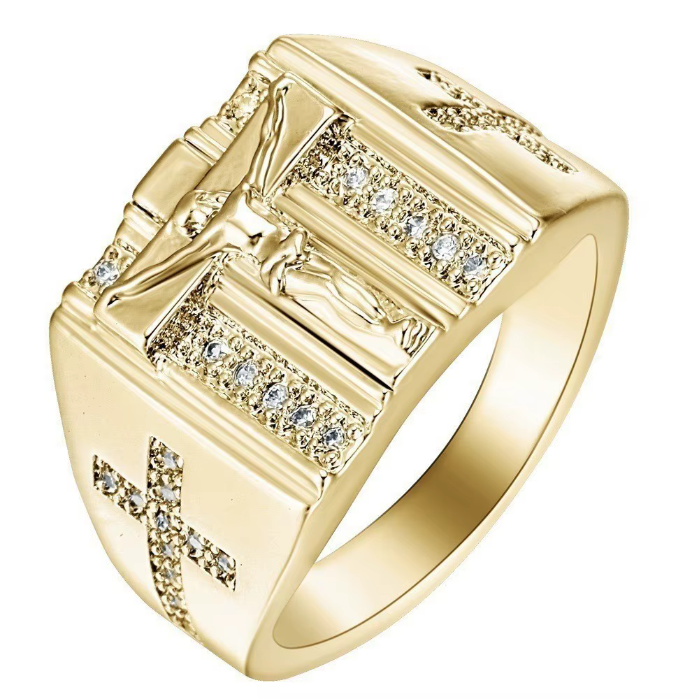 Bague Chevalière Hip Hop Croix de Jésus pour Hommes, Sertie de Zircons Cubiques, Bijou Religieux Chr