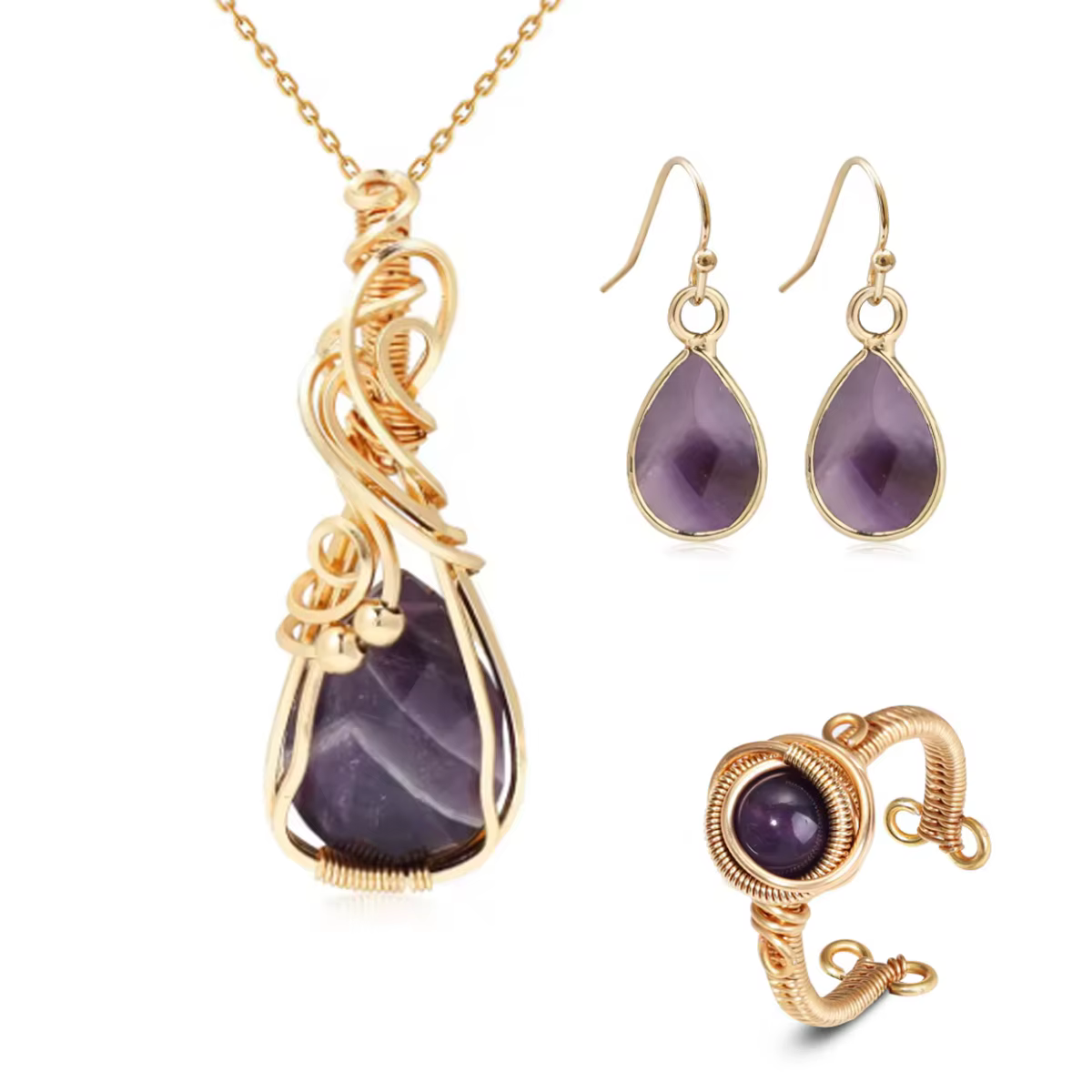 Ensemble de mariage pour femme, collier, bague, boucles d'oreilles, pierres précieuses naturelles, a