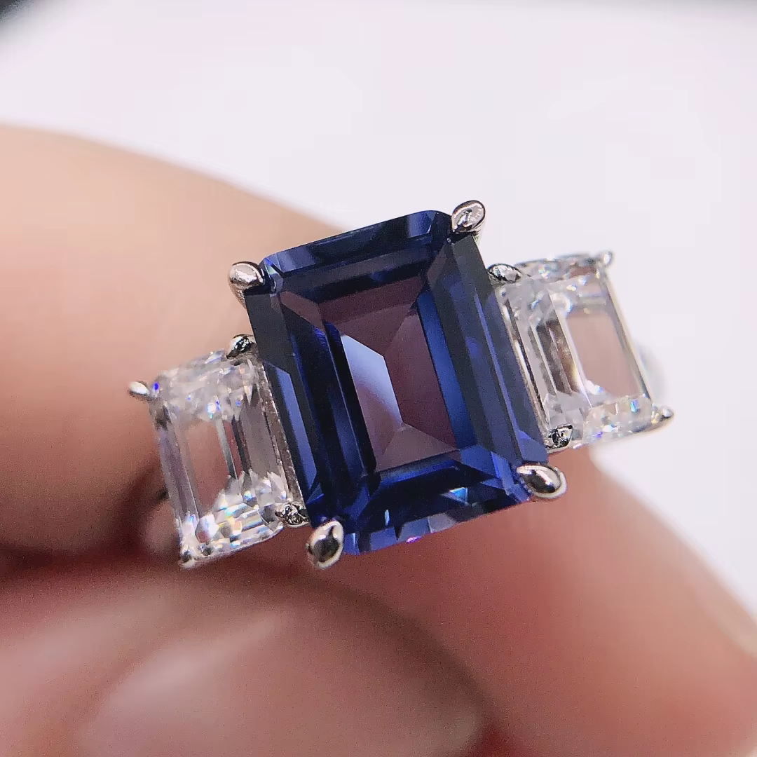 Bague de fiançailles en diamant bleu de laboratoire, or blanc massif 14 carats 585, taille émeraude 