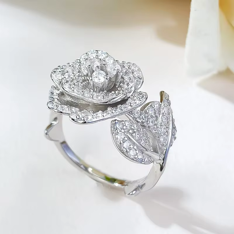 Bague Camélia avec diamant à haute teneur en carbone, 100% argent sterling 925 véritable, bagues de