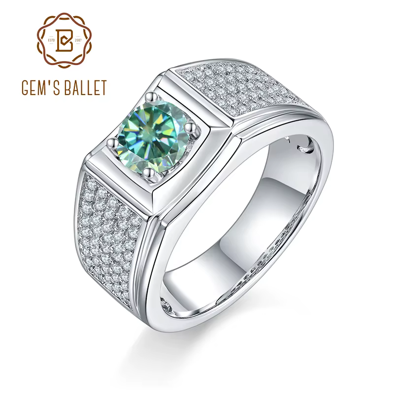 GEM'S BALLET – bijoux en Moissanite pour hommes, bague ronde verte en Moissanite de 1,0 ct, 6.5mm, e