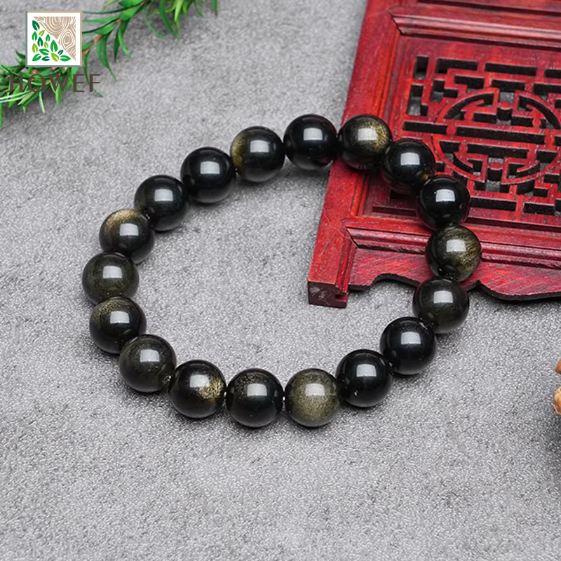 Bracelet en pierre d'obsidienne dorée lisse pour femmes, bijoux à la mode, corde élastique à cercle 